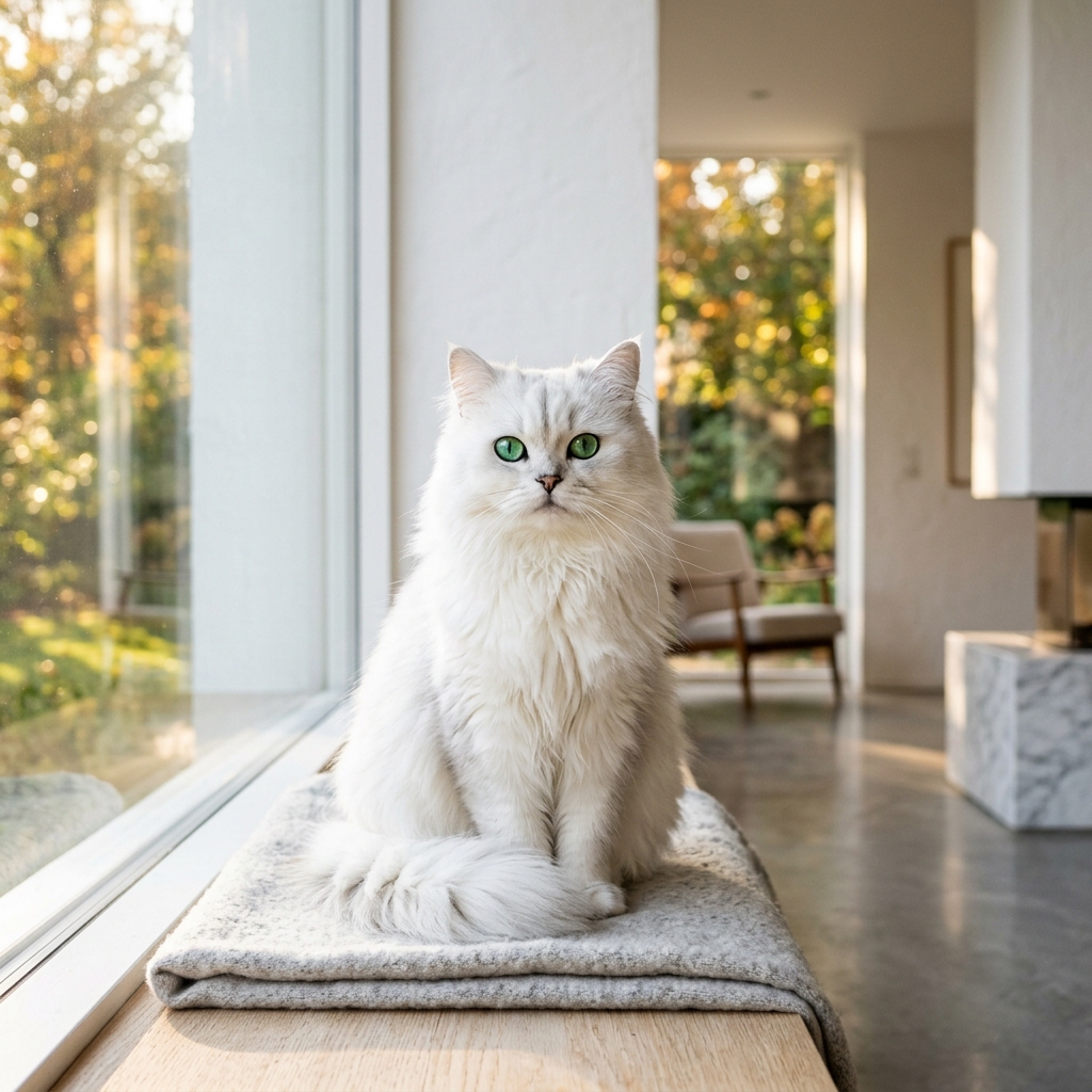 Elegant white cat sitting in soft window light